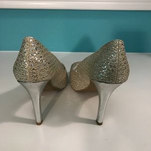 Tan heels with silver glitter detail